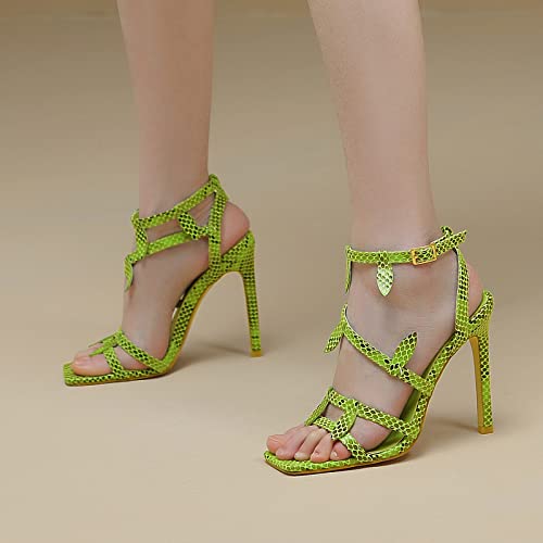 Goserce Women's Snakeskin Stiletto Heels Sandals Ankle Buckle Strap For Women Square Open Toe Sexy Fashion High Heel Sandals Green,9 #TOP6