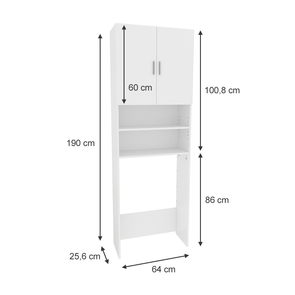 Vicco armadietto coprilavatrice Martha, Bianco, 64 x 190 cm con 2 ante corte, per la conservazione di detersivi e accessori da bagno