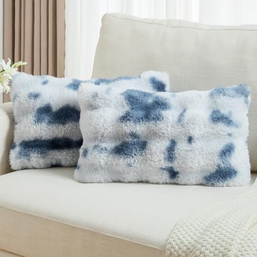 FUTEI Pack of 2 Faux Fur Throw Pillow Covers 12x20 Inch, Blue White