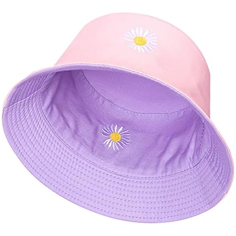 Bucket Hat for Women Summer Travel Beach Sun hat Reversible Outdoor Cap Unisex (Pink/Purple Daisy) Cover