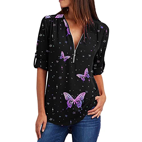 OutTop Women's V Neck Chiffon Blouse Shirts Half Zip-up Casual Butterfly Tshirt Tops Pleated Roll-up Sleeve Tunic Shirts (Purple, L) OutTop Women's V Neck Chiffon Blouse Shirts Half Zip-up Casual Butterfly Tshirt Tops Pleated Roll-up Sleeve Tunic Shirts (Purple, L)