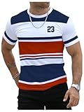 MakeMeChic Men's Striped Number Print Tee Top Colorblock Crew Neck Short Sleeve T Shirt Tops Multicolor Large