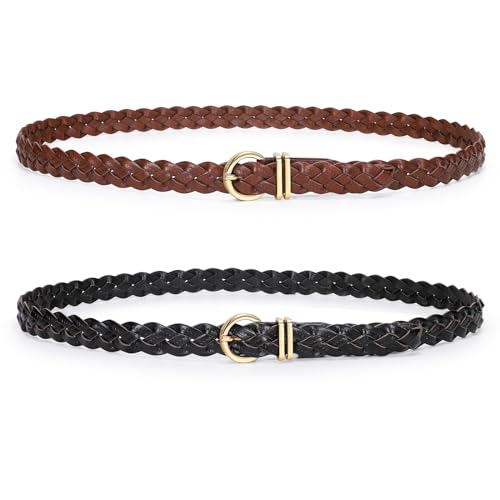 2 Pack Women's Skinny Braided Leather Belts Thin Woven Waist Belts for Jeans Pants Dresses