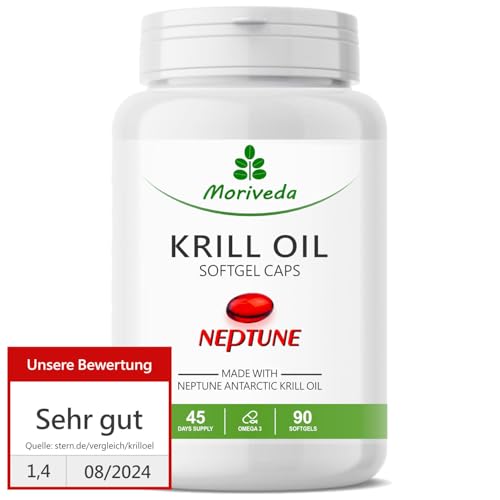 MoriVeda® - Cápsulas de Aceite de Krill 90 o 270, Aceite de Krill 100% puro de NEPTUNO - Omega 3,6,9 Astaxantina, Fosfolípidos, Colina, Vitamina-E (1x90 cápsulas blandas)