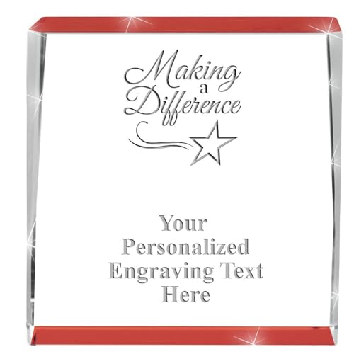 Crown Awards Customizable Crystal Trophy, 4" Engraved Making A Difference Red Spotlight Crystal Award