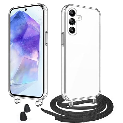 WenBaby Étuis à bandoulière et Cordon pour Samsung Galaxy A35 5G Coque,Transparent Collier Réglable Téléphone Étui Portable Lanyard Case Protection Complète Cover,Noir