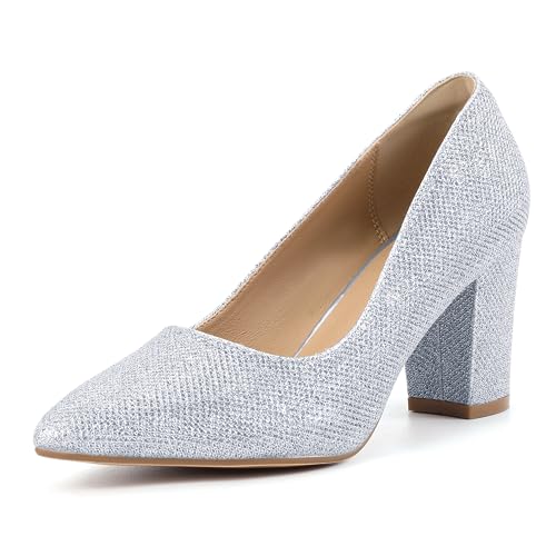 IDIFU Silver Pumps for Women Closed Toe Heels High Block Chunky Heels Work Office Heels Pointed Toe Dress Shoes for Bridal Wedding(Silver Glitter 7.5) by IDIFU - Used condition - US$17.00
