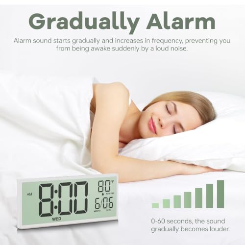 Image of JALL Large Digital Wall Clock Battery Operated, Wall Clock with Big Numbers LCD Display, Digital Clock with Simultaneous Date Day Temperature, Auto DST, Clocks for Office, Gym, Bedroom, Elderly- White