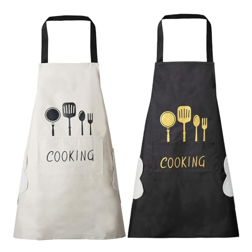DILLMAN Women Kitchen Apron with Hand Wipe Pockets，Big Pocket,Hand-wiping, Waterproof for Cooking Baking (Black + White)