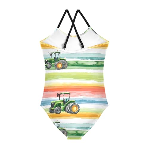 Green Tractors Colorful Striped Girls One Piece Swimsuit Beach Swimwear 208617652