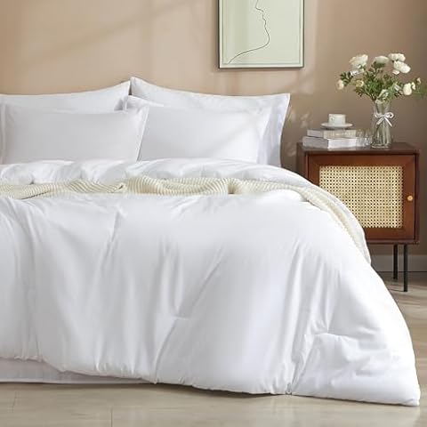 PHF 5 Pieces Twin Comforter Set, Bed in A Bag Comforter & 18" Sheet Set All Season, Ultra Soft Comfy Bedding Sets with Comforter, Sheets, Pillowcases & Shams, White Cover