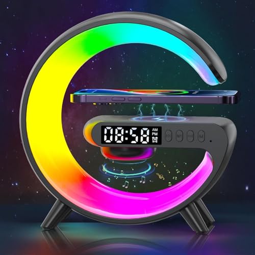 Voncerus Wireless Speaker G Shape Table Lamp Atmosphere Night Light with Wireless Charging Function Bedside Lamp with Alarm Clock & Charging Function Gifts