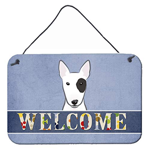Caroline's Treasures BB1395DS812 Bull Terrier Welcome Wall or Door Hanging Prints, Blue Aluminum Metal Sign Kitchen Wall Bar Bathroom Plaque Home Decor, 8x12, Multicolor