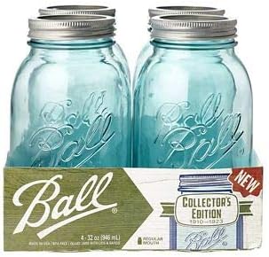4 PACK AMBER BALL MASON JARS 946ML WIDE MOUTH with RECIPE BOOKLET