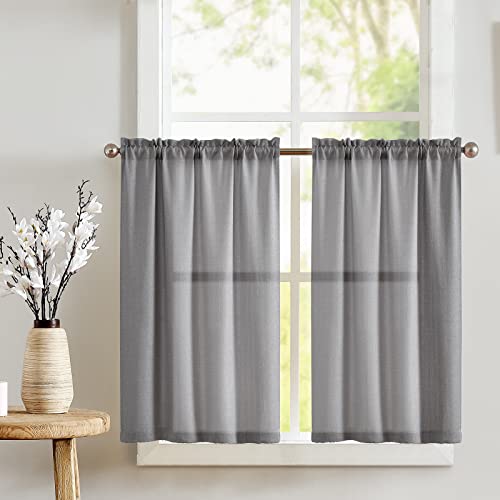 jinchan Grey Kitchen Curtains 24 Inch Length Cafe Curtains Farmhouse Rustic for Small Window Faux Linen Weave Tier for Bathroom Sink Light Filtering Rod Pocket 2 Panels Gray
