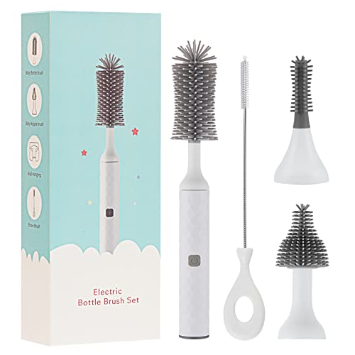 Image of soarup90000 Electric Baby Bottle Brush Set with Electric Bottle Brush and Silicone Bottle/Nipple Brush, Long Straw Cleaner, Rechargeable Bottle Cleaner Electric,Waterproof Water Bottle Cleaner,White