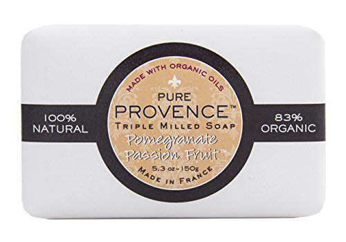 Pure Provence Certified Organic Triple Milled Soap enriched with Organic Shea Butter, French Bar Soap, Luxurious Lather, Paraben Free - Pomegranate Passion Fruit 5.3 oz (150g)