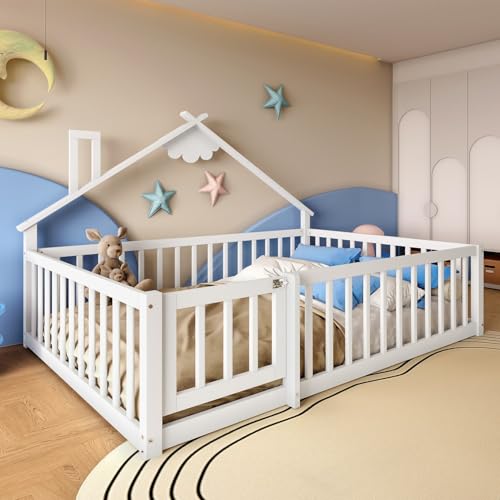 EURHCIO Lit Cabane Enfant 140x190cm,Lit Au Sol Montessori(A-Blanc,140x190)