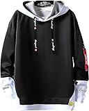 [foxseon] 秋服 メンズ パーカー 長袖 フード付き レイヤード 無地 シンプル おしゃれ 大きいサイズ カットソートップス フード付き ゆったり カジュアル プルオーバー Black-2XL