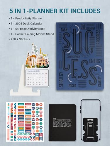 Image of DOODLE Productivity Pro Planner Gift Set 2026 | A5 Executive Planner (288 Pages) + Desk Calendar + Activity Book + 4 Sticker Sheets + Mobile Stand | Smart Gift Box for Professionals & Executives
