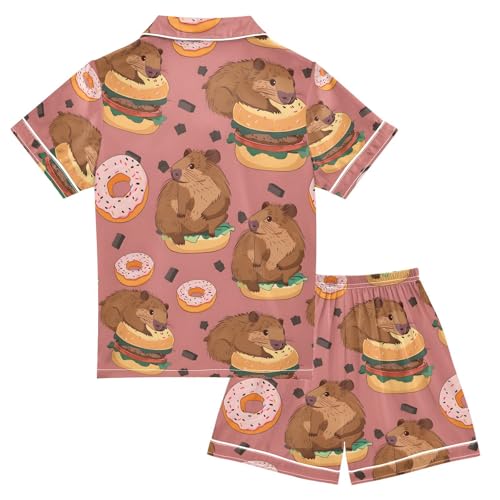 ALAZA Cute Capybaras Hamburger Pajamas Satin Pajama Set Short Sleeve Button Down Sleepwear2