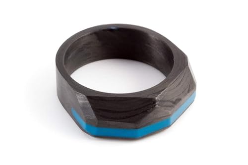 Miniatura 3 de Men's carbon fiber ring. Faceted geometric black and turquoise wedding band. Water resistant, very durable and hypoallergenic. (00115_7N)