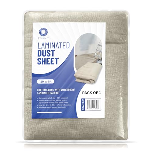 Image of 9Threads Laminated Cotton Dust Sheets 12'x9' (3.6m x 2.7m) | Washable & Reusable Drop Cloths for Painting & Decorating | Paint Cover Sheets for Furniture & Floors (Laminated Cotton Pack of 1)