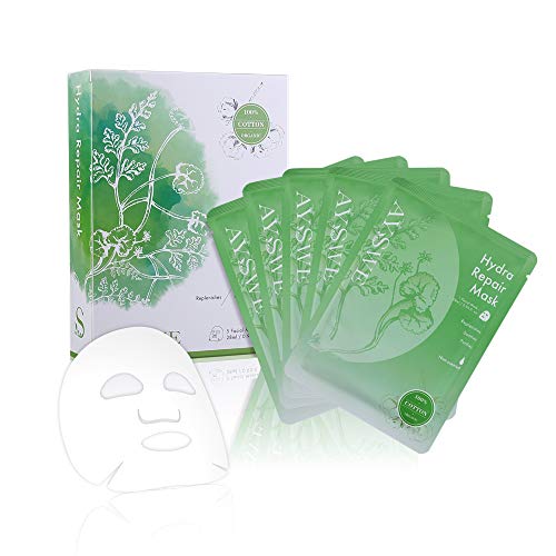 AYSWE Unscented Hydrating & Repair Organic Cotton Face Mask Sheet for Men & Women, Fragrance Free, Paraben Free, for Oily, Acne-prone, All Skin Types, 5 Facial Masks