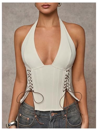 MakeMeChic Women's Y2K Halter Corset Crop Tops Cowboy Chic Lace Up Sleeveless Cami Top4