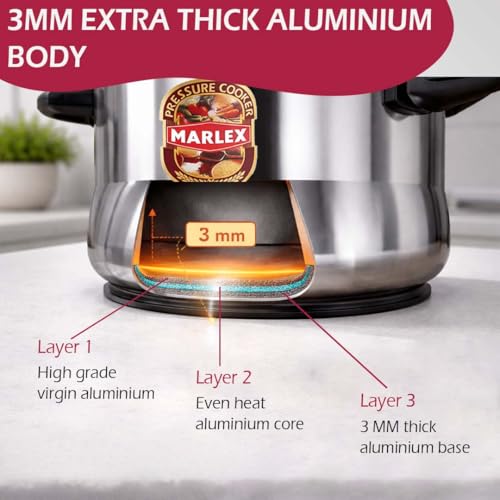 Image of Marlex Aluminium Pressure Cooker 5 Litre with Outer Lid - 5 Year Warranty (ISI Certified) - Gas Stovetop Compatible Cooker for 5-7 Person, Deep Lid Spiilage Control (Silver Cooker)