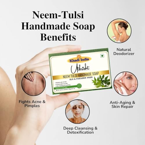 Image of Khadi Neem Tulsi Handmade Bathing Soap Bar 125g (Pack of 4) | Natural Deodorizer & Herbal Soap | Removing Dirt & Impurities | Deep Cleansing for Glowing & Brightening Skin | All Skin Types