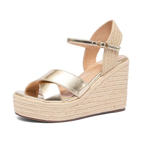 NEWBELLA Women's Bohemian Wedge Sandals - Linen Fabric High Heel Summer Sandals, Comfortable Platform Beach Shoes, Casual Dressy Slide Sandals for Women, Gold 6.5