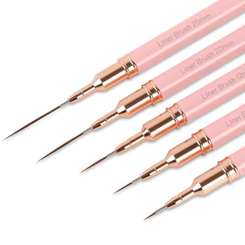 flintronic Nail Art Ongles Professionnel, Lot de 5 Pinceaux Liner Ultra Fin avec Couvercle, 4/8/12/20/25 mm Kit de Pinceau Nail Art Ongles pour Manucure Peint à La Main, Eye-liner, Peinture Acrylique