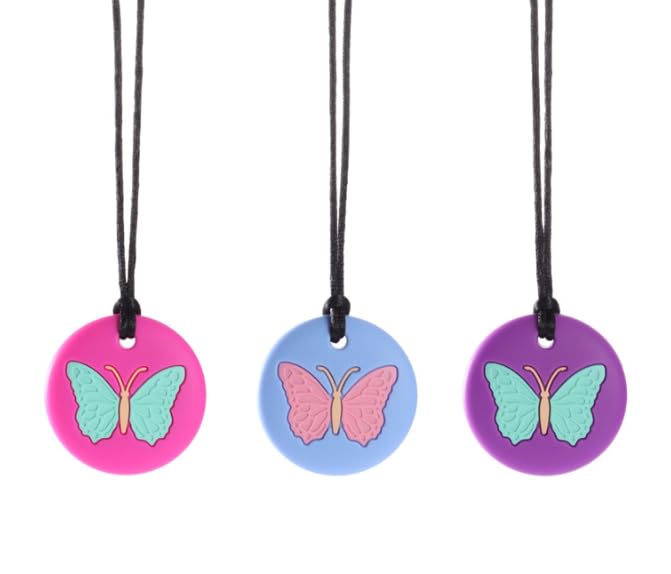 TenaLucy 3 Stück kaukette für kinder,Sensory Kauen Halskette Silikon Beissring Silikon Beißring für Baby Anhänger Kauen Anhänger beißkette für Kinder mit ADHS Autismu hilfsmittel Zahnen（Schmetterling）