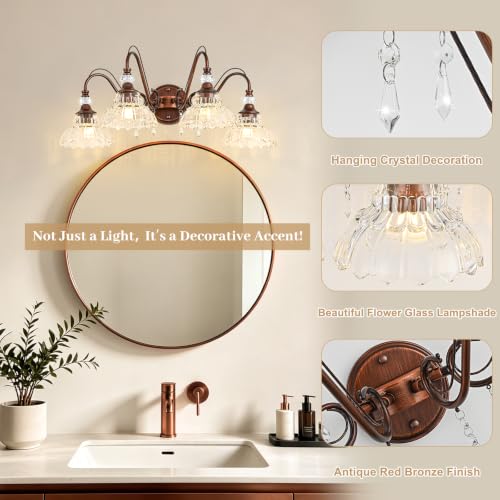 Image of Vintage Bathroom Vanity Light, 4-Light Antique Red Bronze Finish Wall Sconce with Hanging Crystal Accents and Flower-Shaped Clear Glass Shades, Retro Wall Mount Vanity Light Over Mirror for Bathroom
