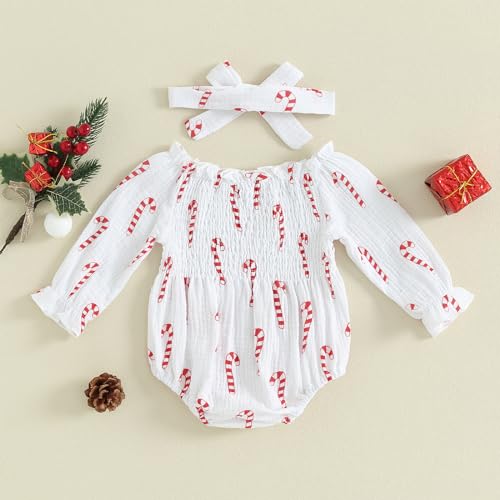 Infant Baby Girl Christmas Outfit Cotton Linen Smocked Bodysuit Long Sleeve Romper with Headband3