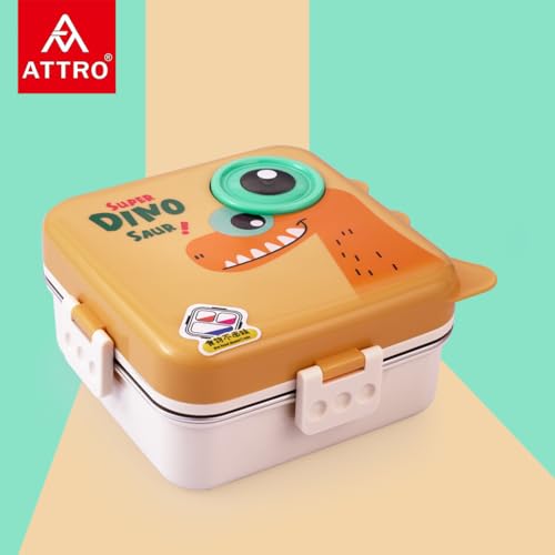 Image of ATTRO Carnival Super Dino Lunch Box 2 Layer Stainless Steel Lunch Box Comes with 1 Detachable Tray, 1 Small Container & 1 Spoon Ideal for Kids BPA Free 1120ml+70ml- Yellow