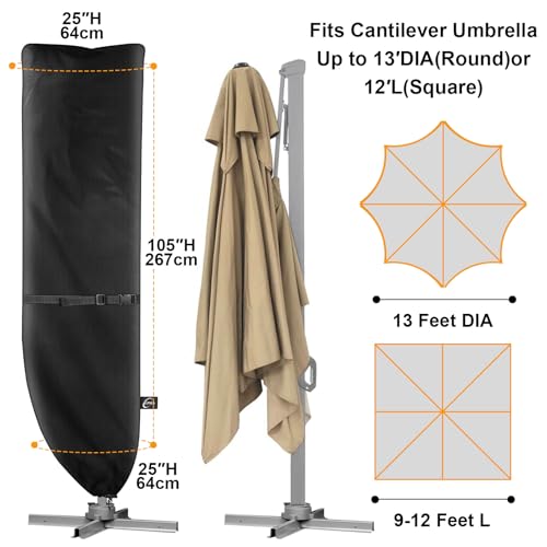 Kipiea Patio Umbrella Covers for 9'-13'Cantilever Umbrella, Upgrade 500D Heavy Duty Outdoor Umbrellas Covers with Support Pole and Straps - Thumbnail 2