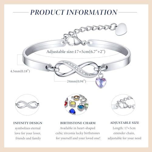 Personalised Infinity Birthstone Bracelet for Women - Customised Silver Bracelet Bangle with Birthstone Charm for Lady Girls, Adjustable Infinity Bracelets Jewellery Gifts for Birthday Valentine's Day - Image 3