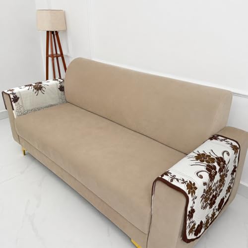 Image of Homerz Premium 'Surya Series' Sofa Cover | Stylish Sofa Protector | Net Fabric | Anti-Stain & Washable Slip Cover Exact Size Antislip (Daisy Brown, 2 Pc Armrest, Armrest)