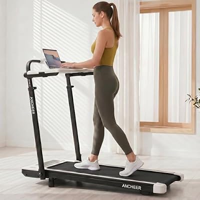 ANCHEER Treadmill with Desk, 3.5 HP Desk Treadmill Workstation with 15% Incline, 400LBS Capacity Folding Treadmill with Laptop Stand & Hand bar, Upgrade Treadmill with Desk for Home/Office/Gym