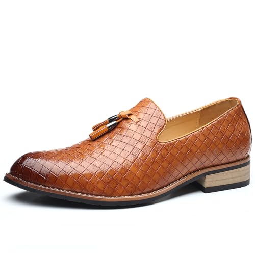 Men's Woven Leather Tassel Loafers Fashion Lightweight Slip On Low Block Heel Smoking Slipper Weeding Party Prom Dress Shoes for Men