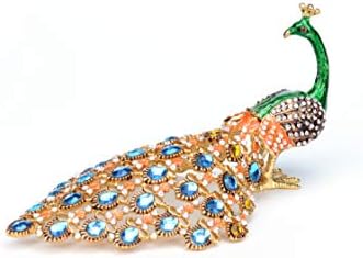 Furuida Trinket Box with Hinged Green Peacock Crystal Ornament Decorative Hinged Jewelry Box Ring Store Luxurious Gift for Home Decor