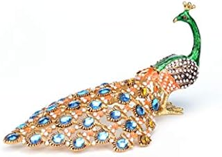 Furuida Trinket Box with Hinged Green Peacock Crystal Ornament Decorative Hinged Jewelry Box Ring Store Luxurious Gift for Home Decor