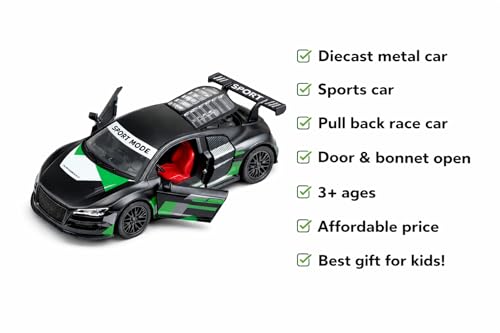 Image of Metal Die-Cast R8 Style Pull Back Race Toy - 1:36 Scale Hot Wheels Car Design | Door & Bonnet -Open Feature | Metal Racing Cars Model | Perfect Birthday Surprise for Kids