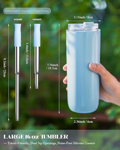 UIRZOTN 16 oz Insulated Coffee Tumblers, Travel Coffee Tumblers with Straw, Double-Wall Stainless Steel Tumbler, Leak Proof Tumbler, Reusable Cups with Lids for lced and Hot Drinks (Blue) — view 5