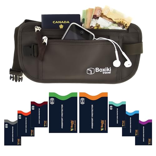 Image of Boxiki Travel Brown Money Belt with RFID Sleeves Set - 8 Pcs Navy Blue | Secure Waist Bag and RFID Card Holder for Men and Women