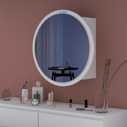 Image of Anikaa Eilish Mirror Cabinet | Wall-Mounted Round Mirror with Hidden Storage | Ideal for Bedroom, Bathroom & Entryway |White(20x20x17 Inches)