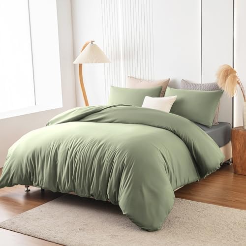 Soifox Bettwäsche 180x200 Salbeigrün - aus Mikrofaser Bügelfrei & Knitterfrei Bettbezug 180 x 200 Set mit 80x80 cm Kissenbezug 2er Set Bettwasche mit Reißverschluss