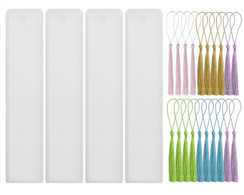 PPhtony Bookmark Mold with Tassels 4Pcs Rectangle Silicone Jewelry Making Mould with 20Pcs Colorful Silky Tassels for Epoxy Resin Casting Christmas Ornaments Gift Tags Craft DIY (2.5x14cm Rectangle)